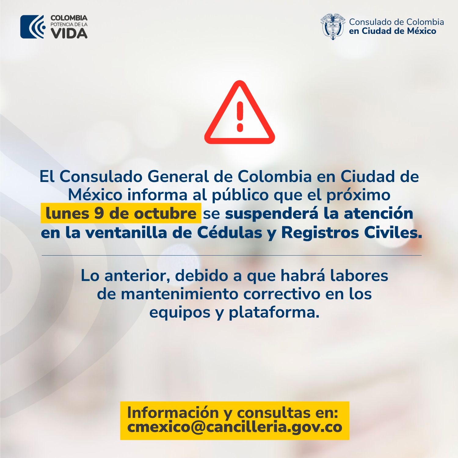 El Consulado informa que este lunes 9 no habrá atención en trámites de Cedulas y Registros Civiles